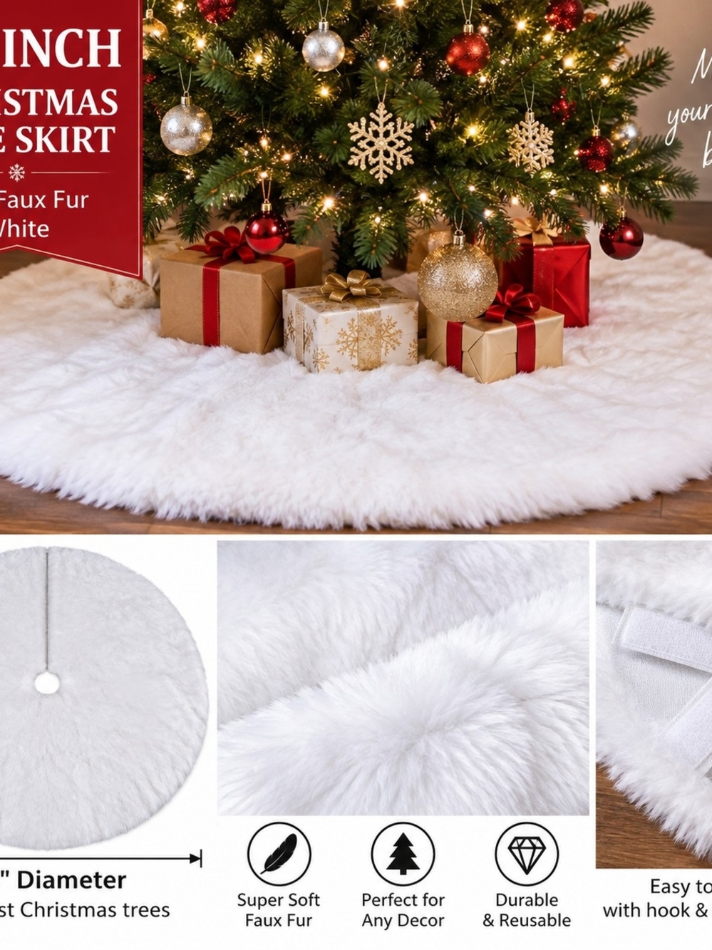 White Faux Fur Christmas Tree Skirt - Holiday Home Decor